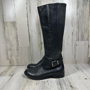 Clarks Pita Dakota Black Leather Knee-High Riding Boots with Buckle Detail #878